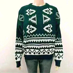 Vintage Bohemian Oversized Multicolored Green Pattern  Crew Neck Sweater jumper